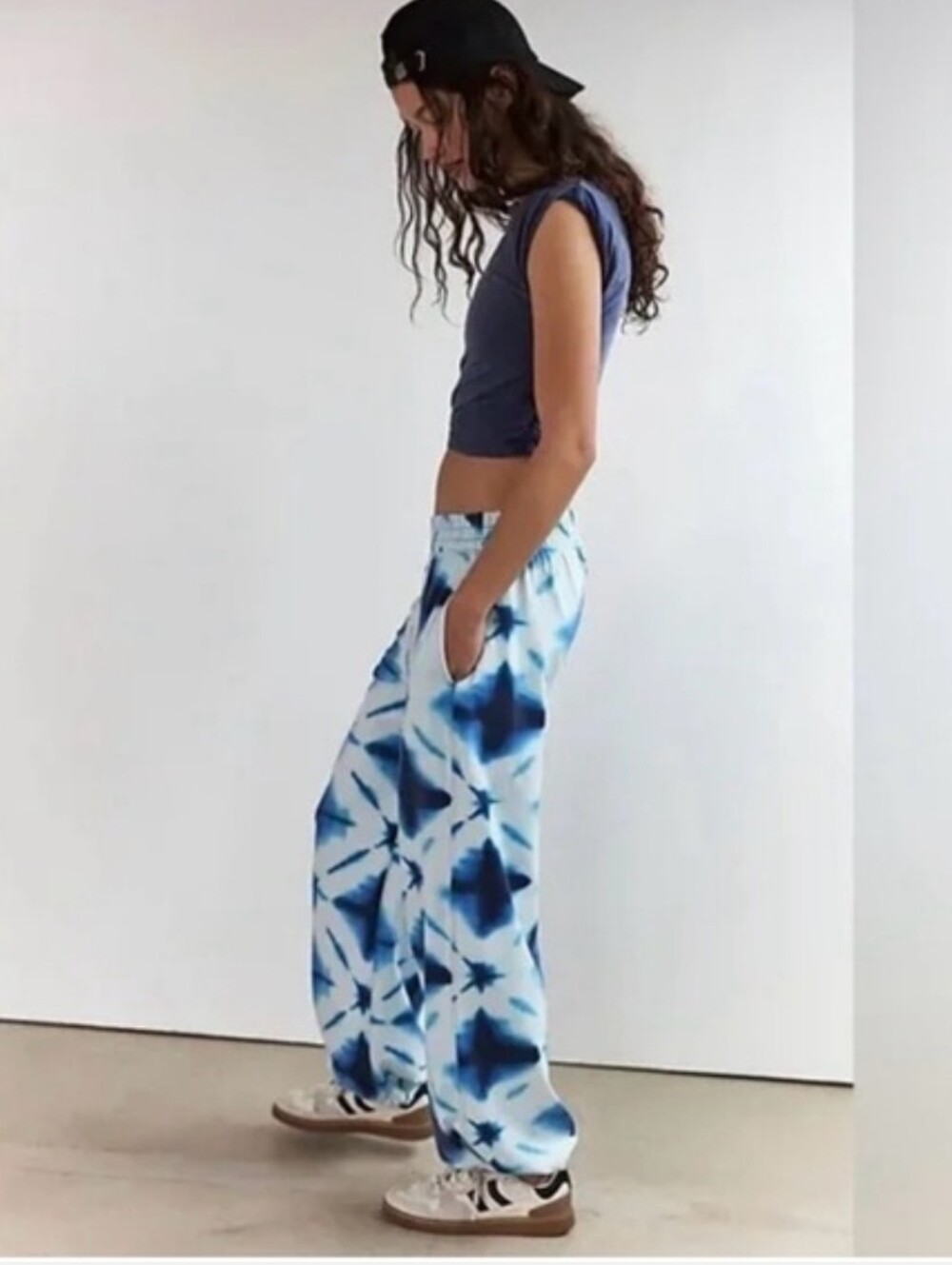 2 Pc Set Free People Movement Hot Shot Cotton Top & Pants, Navy Tie Dye - Picture 3 of 11